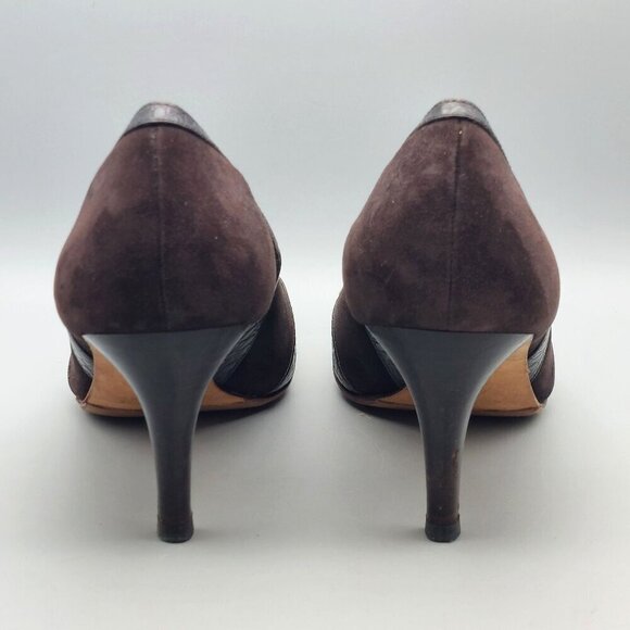 Ann Taylor Brown Suede Pumps Heels Shoes Leather Croc Straps Size 9M Career - Picture 9 of 14
